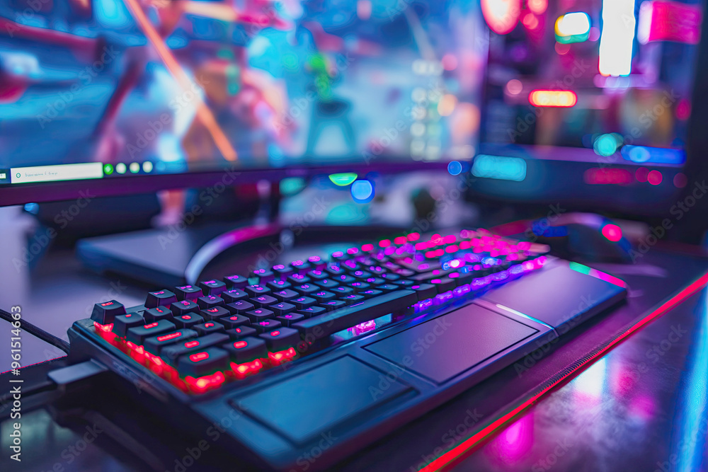 A vibrant gaming setup with a keyboard, glowing RGB lights, and monitor, emphasizing the neon-lit atmosphere of a modern gaming space. A vibrant gaming setup with a keyboard, glowing RGB lights, and monitor, emphasizing the neon-lit atmosphere of a modern gaming space.