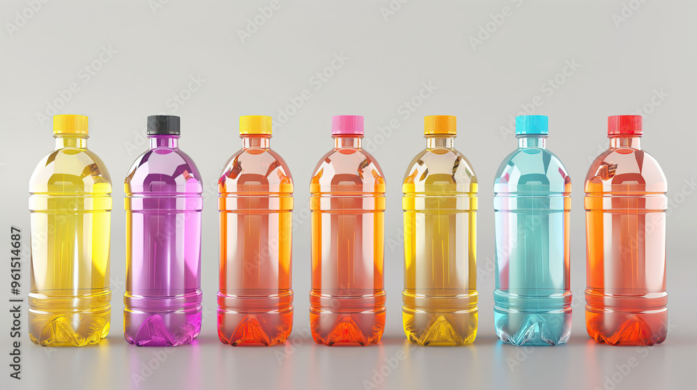 A vibrant collection of seven plastic bottles in yellow, purple, orange, and blue, arranged in a row on a neutral background. A vibrant collection of seven plastic bottles in yellow, purple, orange, and blue, arranged in a row on a neutral background.