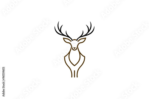 Gold Deer Logo. Simple Vector illustration. Emblem design business template. Classic Deer icon. Nature Wildlife Hunting. Silhouette Head. Stag, Buck, Hart, Reindeer, Mule, Whitetail, Elk, Antler. 