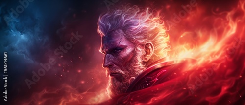 Man with white hair, beard; dons red cape encircled by flames at neck