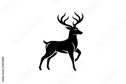 Gold Deer Logo. Simple Vector illustration. Emblem design business template. Classic Deer icon. Nature Wildlife Hunting. Silhouette Head. Stag, Buck, Hart, Reindeer, Mule, Whitetail, Elk, Antler. 