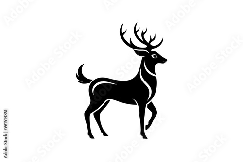 Gold Deer Logo. Simple Vector illustration. Emblem design business template. Classic Deer icon. Nature Wildlife Hunting. Silhouette Head. Stag, Buck, Hart, Reindeer, Mule, Whitetail, Elk, Antler. 