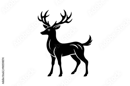 Gold Deer Logo. Simple Vector illustration. Emblem design business template. Classic Deer icon. Nature Wildlife Hunting. Silhouette Head. Stag, Buck, Hart, Reindeer, Mule, Whitetail, Elk, Antler. 
