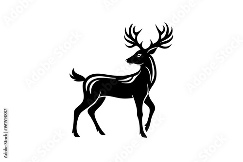 Gold Deer Logo. Simple Vector illustration. Emblem design business template. Classic Deer icon. Nature Wildlife Hunting. Silhouette Head. Stag, Buck, Hart, Reindeer, Mule, Whitetail, Elk, Antler. 