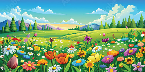 Spring field of colorful wild flowers, sunny day, wide vector art illustration