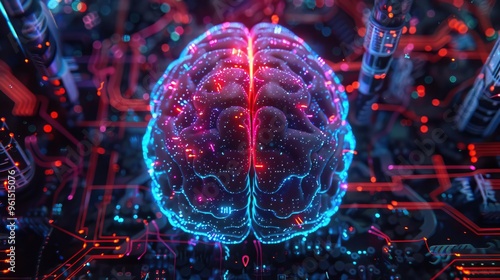vibrant neon lights  AI Innovation  top view  Neon lights on a digital brain  sci-fi tone  Complementary Color Scheme