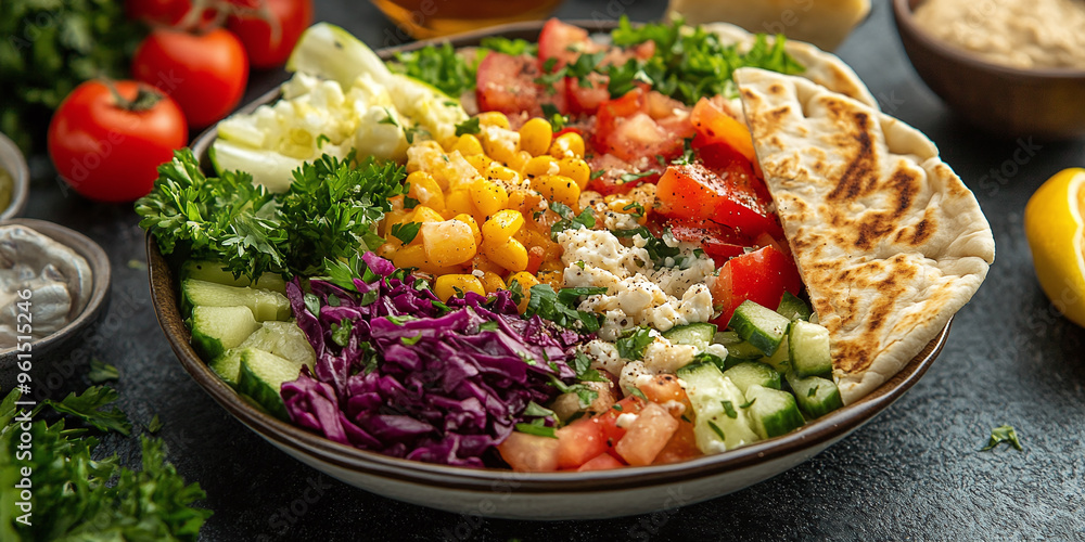 Colorful Mediterranean salad with fresh vegetables and pita bread. No Chef Salad Taco Bento Box Colorful Mediterranean salad with fresh vegetables and pita bread. No Chef Salad Taco Bento Box
