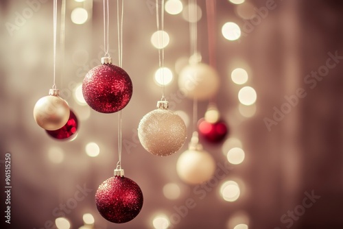 Christmas ornaments hanging against a dark background