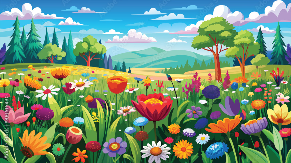 Fototapeta premium Spring field of colorful wild flowers, sunny day, wide vector art illustration