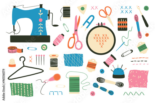 Sewing and needlework. Handmade Kit Set: embroidery, scissors, thread, needle. Art and craft hand drawn supplies. Tailor tools collection. Flat vector illustration of hobby equipment. Isolated vector