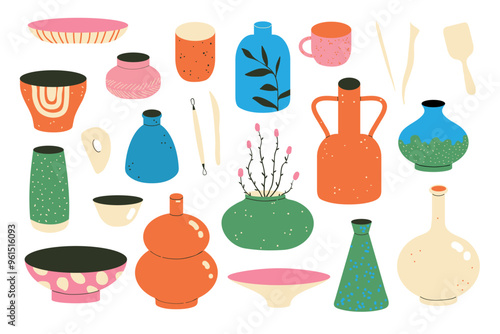Pottery set. Vases, plates and tools for sculpting pottery. Equipment for ceramic clay. Home decoration. Handmade, DIY, hobby, handcraft workshop. Flat style vector illustration isolated on white