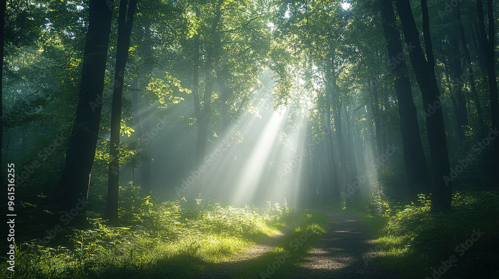 The peaceful forest path was shrouded in mist, with tall trees lined up in rows and the sun shining through the branches, creating a Tyndall light effect. The peaceful forest path was shrouded in mist, with tall trees lined up in rows and the sun shining through the branches, creating a Tyndall light effect.