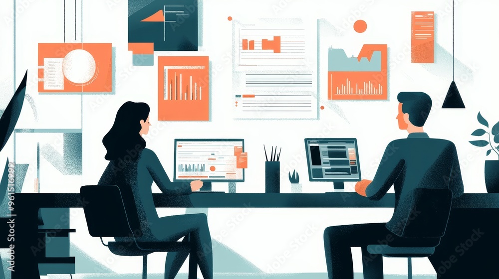 Two colleagues working at a desk, surrounded by data visualizations and charts, representing the importance of data in employee performance, goal setting, and achieving success. Two colleagues working at a desk, surrounded by data visualizations and charts, representing the importance of data in employee performance, goal setting, and achieving success.