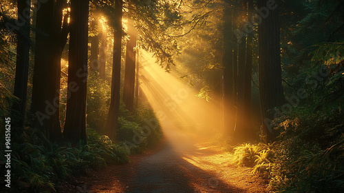 The peaceful forest path was shrouded in mist, with tall trees lined up in rows and the sun shining through the branches, creating a Tyndall light effect. photo