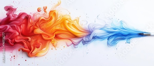  A rainbow-hued liquid painting, featuring a pencil suspended in its center, and a water splash at the image's bottom