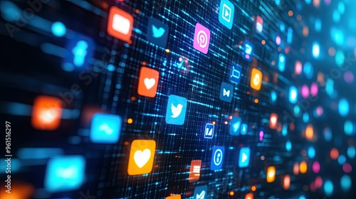 Wallpaper Mural Icons of various social media platforms on a digital screen, symbolizing the concept of online communication and social networking in the modern world. Torontodigital.ca