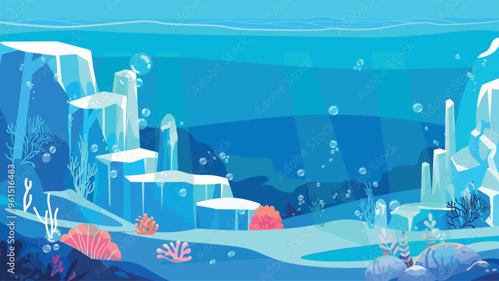 Underwater cartoon background
arctic Undersea with corals, ice, glaciers seaweed, sea bottom, seabed vector illustration flat design solid colors Underwater cartoon background
arctic Undersea with corals, ice, glaciers seaweed, sea bottom, seabed vector illustration flat design solid colors