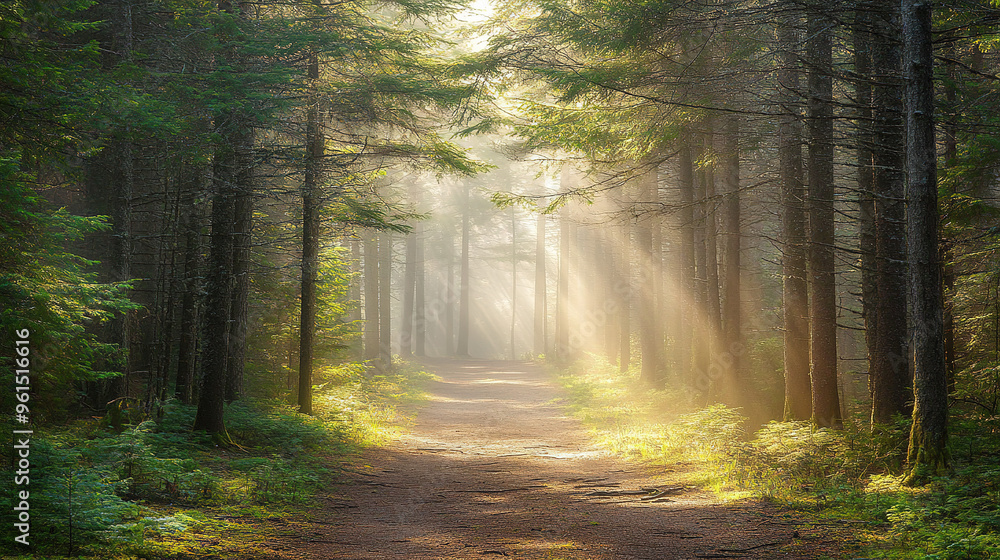 Fototapeta premium The peaceful forest path was shrouded in mist, with tall trees lined up in rows and the sun shining through the branches, creating a Tyndall light effect.