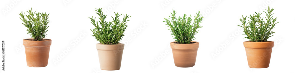 Set of four potted plants in various pots, ideal for home decor, gardening, and interior styling. isolated on transparent or white background, png Set of four potted plants in various pots, ideal for home decor, gardening, and interior styling. isolated on transparent or white background, png