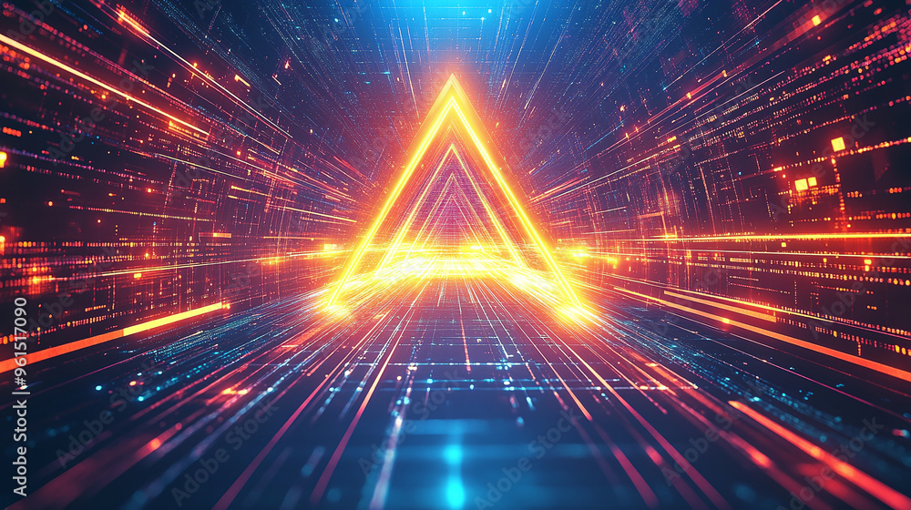 Introducing a digital portal with a triangular shape and bright lines. Futuristic technology background Introducing a digital portal with a triangular shape and bright lines. Futuristic technology background