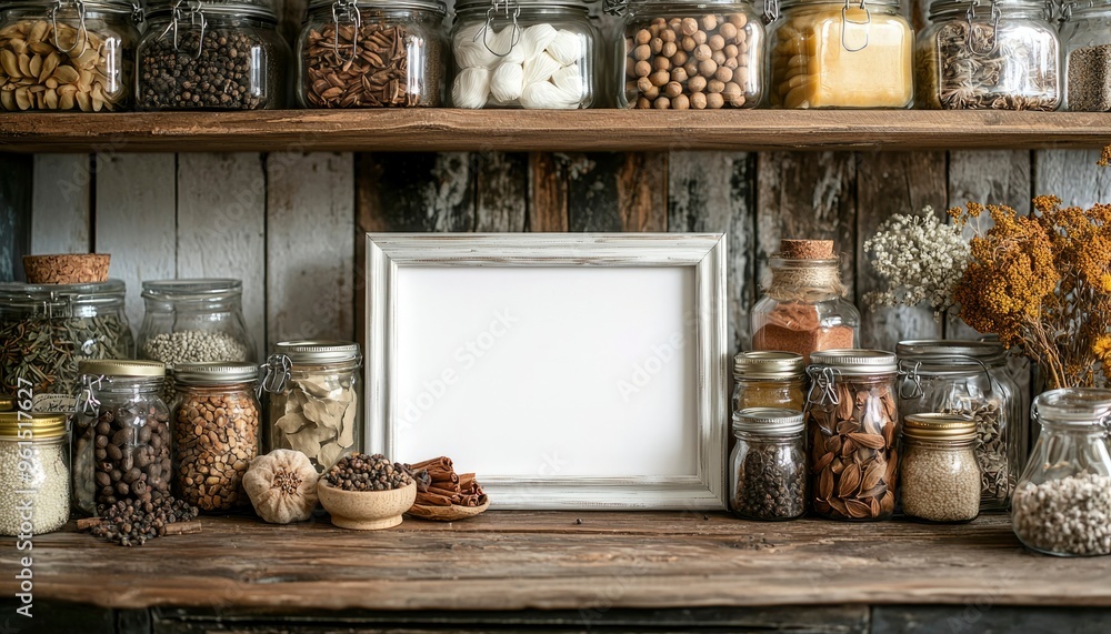 Rustic Kitchen Shelf with Glass Jars and a White Frame Rustic Kitchen Shelf with Glass Jars and a White Frame