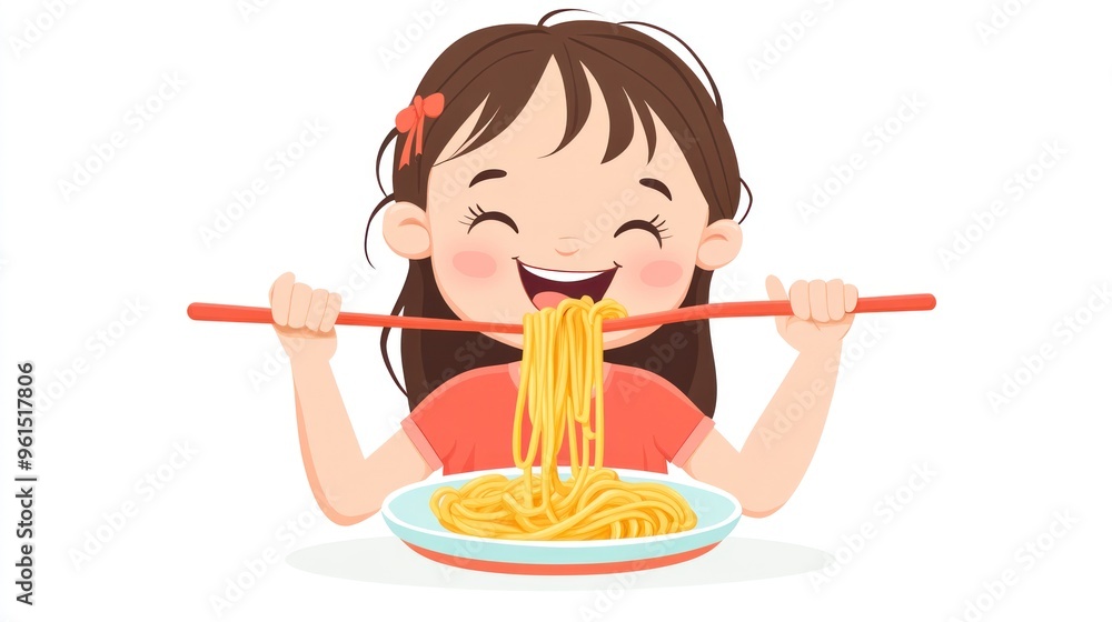 An animated character of a joyful girl eating a plate of spaghetti with chopsticks, smiling widely with her eyes closed in delight. An animated character of a joyful girl eating a plate of spaghetti with chopsticks, smiling widely with her eyes closed in delight.