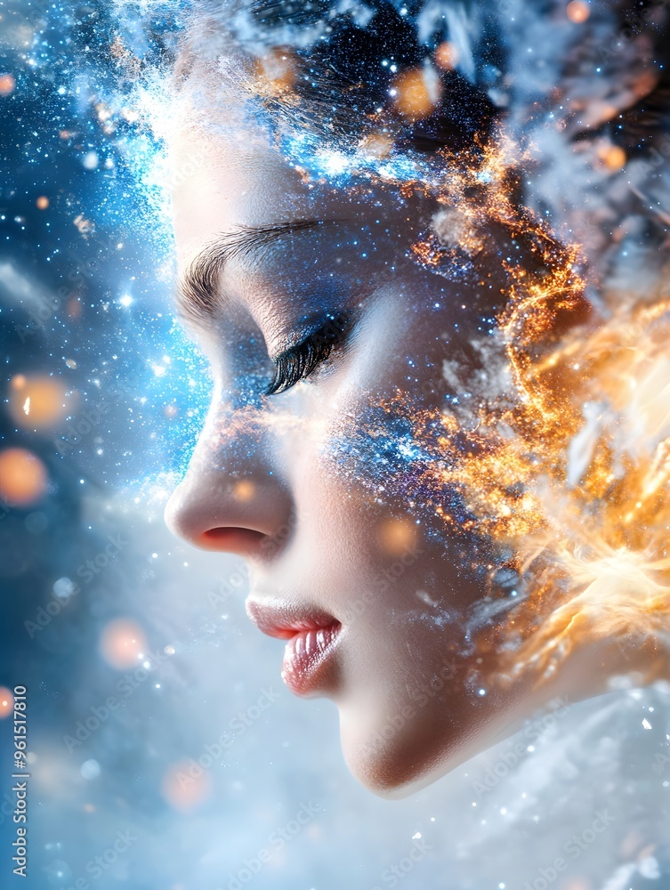 Woman's Face with Glittering Cosmic Background. Woman's Face with Glittering Cosmic Background.