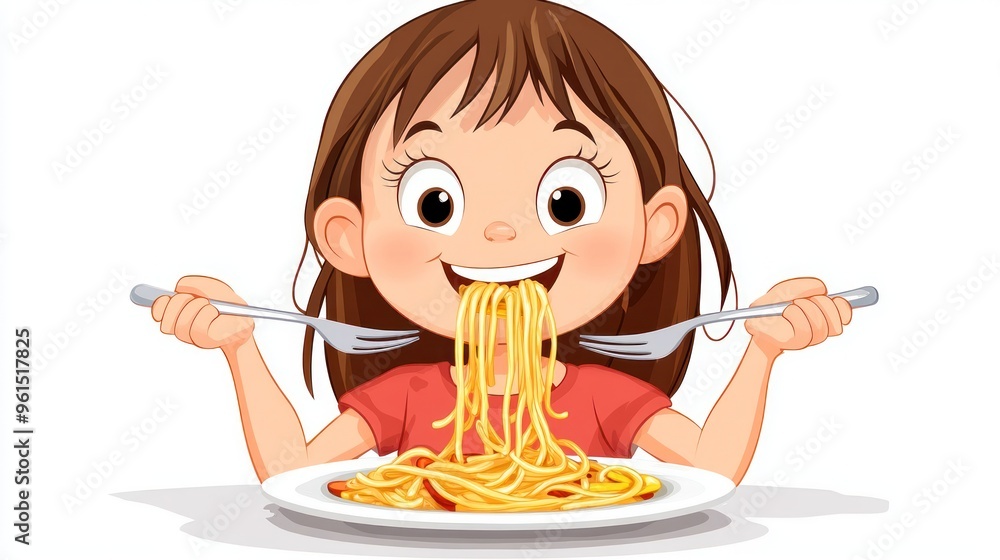 An animated image of a happy young girl enjoying a plate of spaghetti, twirling the pasta enthusiastically with a fork in each hand. An animated image of a happy young girl enjoying a plate of spaghetti, twirling the pasta enthusiastically with a fork in each hand.