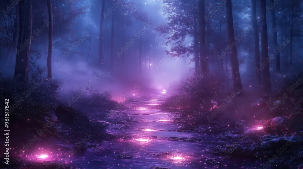 enchanted forest scene bioluminescent plants and mystical creatures ethereal fog deep blues and purples fantasy digital art style enchanted forest scene bioluminescent plants and mystical creatures ethereal fog deep blues and purples fantasy digital art style