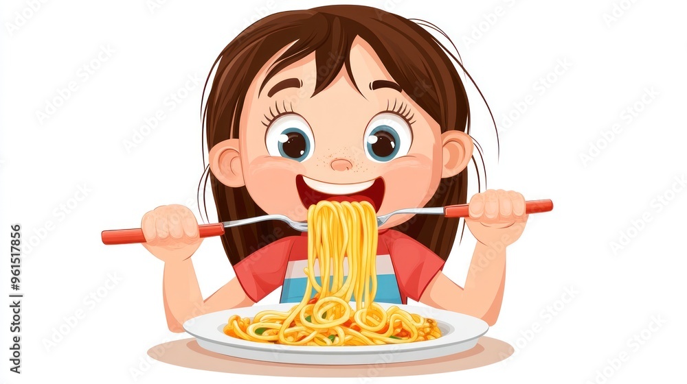 A cartoon illustration of a young girl happily eating a plate of spaghetti with a fork, her eyes wide and cheeks full. A cartoon illustration of a young girl happily eating a plate of spaghetti with a fork, her eyes wide and cheeks full.