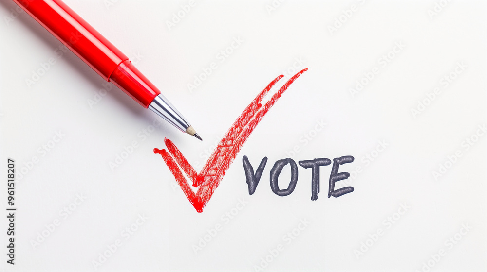 Pen and checkmark with vote symbol on paper for election concept Pen and checkmark with vote symbol on paper for election concept