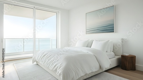 A minimalist bedroom with a clean, white bed and a single piece of art on the wall