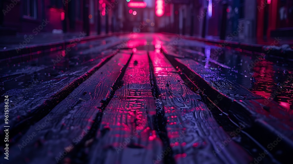 Empty Wooden Table with Neon Light Bokeh Empty Wooden Table with Neon Light Bokeh