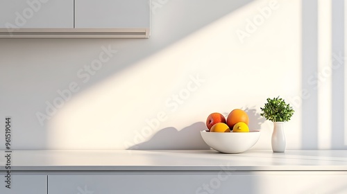 A minimalist kitchen with a clean, white countertop and a single fruit bowl