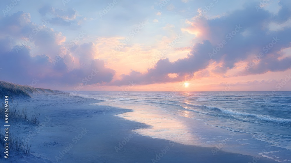 Beautiful beach with pink-orange sky and calm ocean. The sky was filled with clouds, creating a beautiful, tranquil atmosphere. Beautiful beach with pink-orange sky and calm ocean. The sky was filled with clouds, creating a beautiful, tranquil atmosphere.