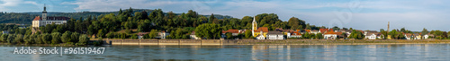 Panorama view from Ybbs to the town of Persenbeug with Persenbeug Castle, church and Danube in Lower Austria