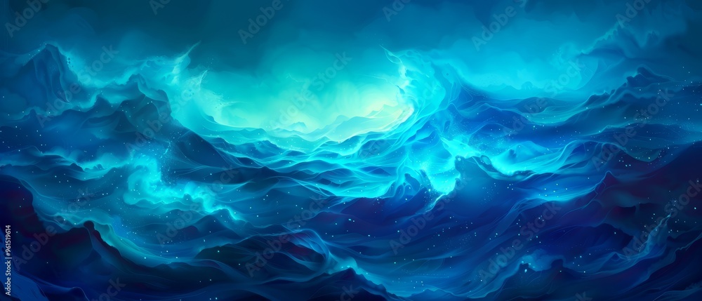 A painting of a wave in the ocean with a radiant blue light emanating from its crest A painting of a wave in the ocean with a radiant blue light emanating from its crest