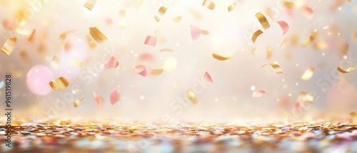 A gold and pink background with confetti falling from the sky