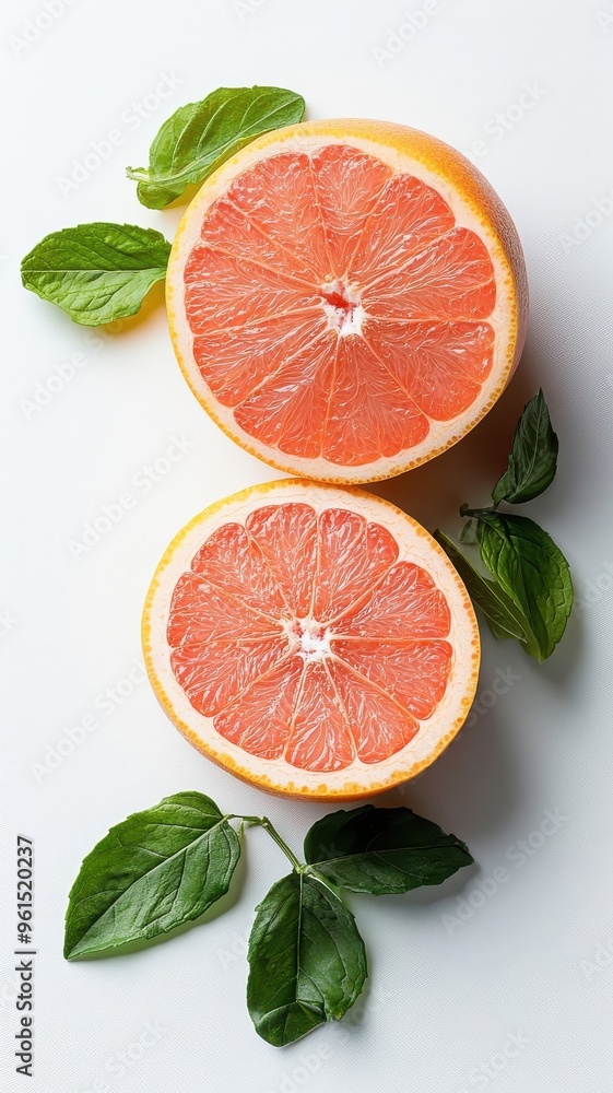 Single grapefruit half with mint leaf on white background. Single grapefruit half with mint leaf on white background.