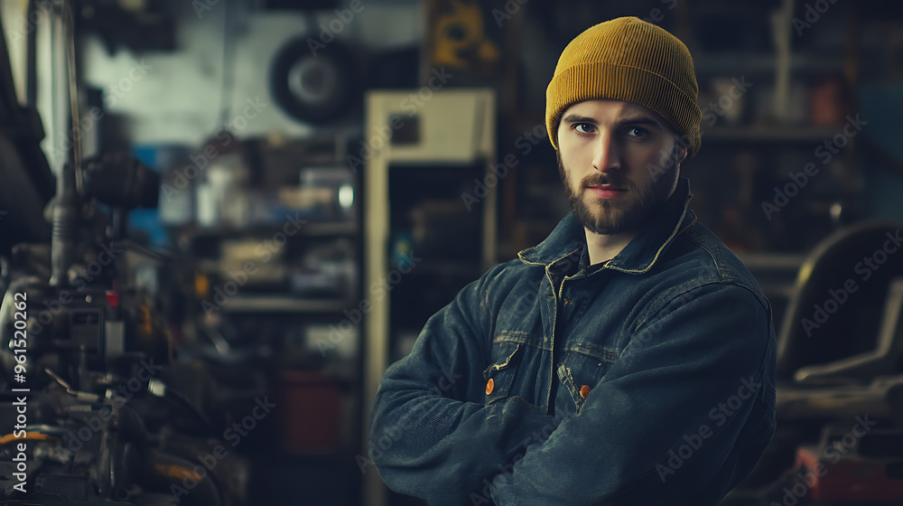 Portrait auto mechanic in a garage, The background is a car repair shop. Portrait auto mechanic in a garage, The background is a car repair shop.