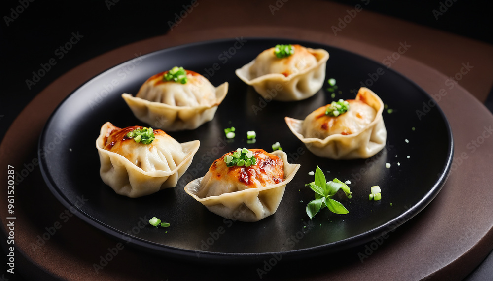 tasty baked dumplings with spring onions on black plate tasty baked dumplings with spring onions on black plate