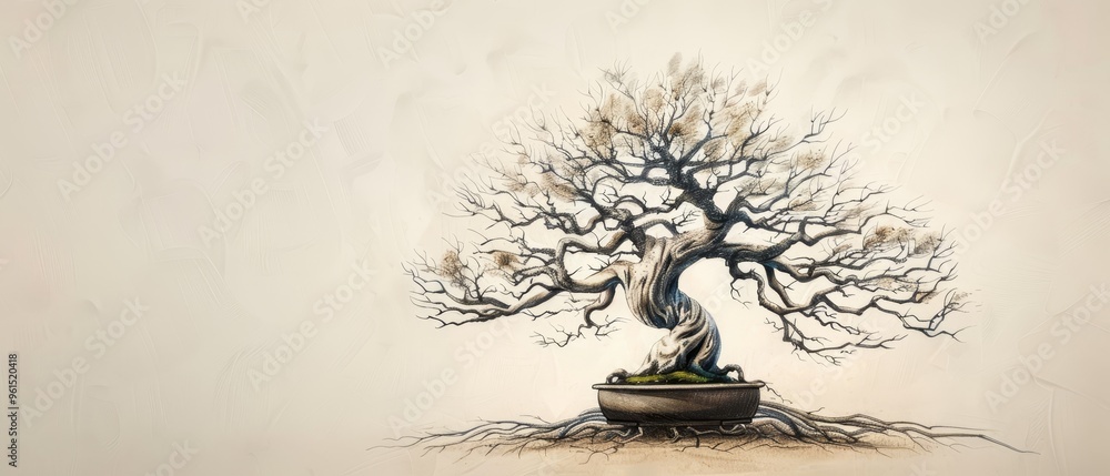 A bonsai tree depicted in front of a potted plant and a white backdrop wall A bonsai tree depicted in front of a potted plant and a white backdrop wall