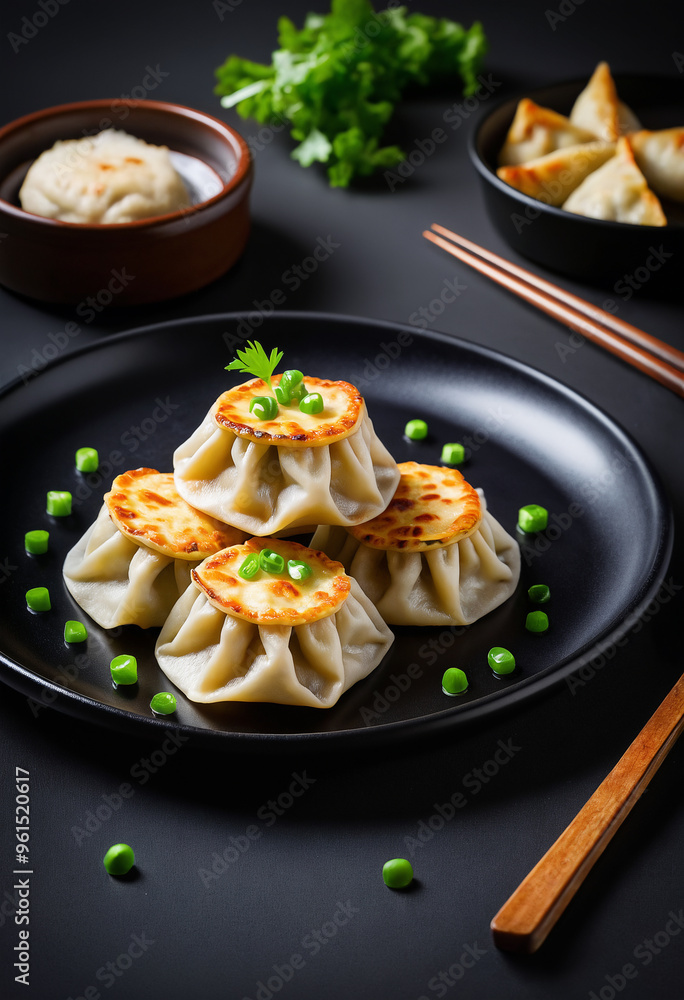 tasty baked dumplings with spring onions on black plate tasty baked dumplings with spring onions on black plate