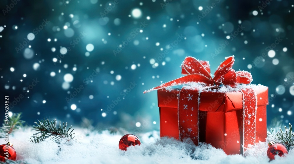 A red gift box with a bow, surrounded by winter greenery and small red ornaments, set against a snowy backdrop with falling snowflakes. A red gift box with a bow, surrounded by winter greenery and small red ornaments, set against a snowy backdrop with falling snowflakes.