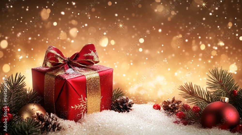 Red and gold wrapped gift box with festive decorations, pine branches, and baubles on a snowy surface against a warm, glowing, bokeh light backdrop. Red and gold wrapped gift box with festive decorations, pine branches, and baubles on a snowy surface against a warm, glowing, bokeh light backdrop.