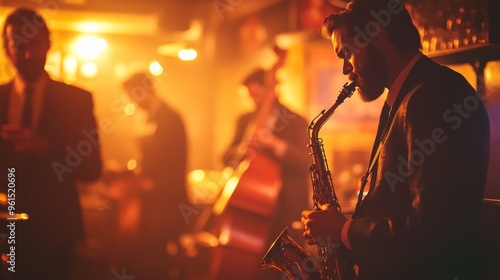 A jazz quartet performs in a cozy, dimly lit venue, enchanting the crowd with vibrant sounds while the saxophonist passionately delivers a captivating solo