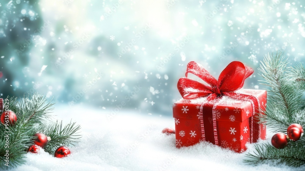 A red gift box with a ribbon amidst snowy background, decorated with pine branches and small red baubles, evoking a festive, winter holiday atmosphere. A red gift box with a ribbon amidst snowy background, decorated with pine branches and small red baubles, evoking a festive, winter holiday atmosphere.