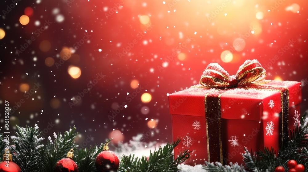 A festive red gift box with a golden bow, surrounded by Christmas decorations and pine branches, with snowflakes falling against a magical red backdrop. A festive red gift box with a golden bow, surrounded by Christmas decorations and pine branches, with snowflakes falling against a magical red backdrop.