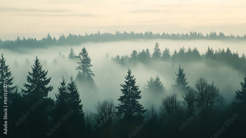 Obraz premium A dense forest with thick fog covering the trees. The trees are tall and dense. Gives a feeling of freshness and relaxation. The atmosphere is cool and beautiful.