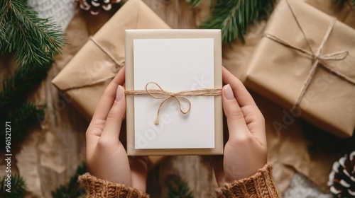 Hands holding a gift box with a simple string bow atop, surrounded by rustic wrapped presents and pine branches on a wooden background. photo